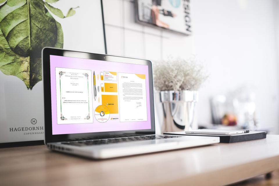 A laptop open on a bright desk beside a plant